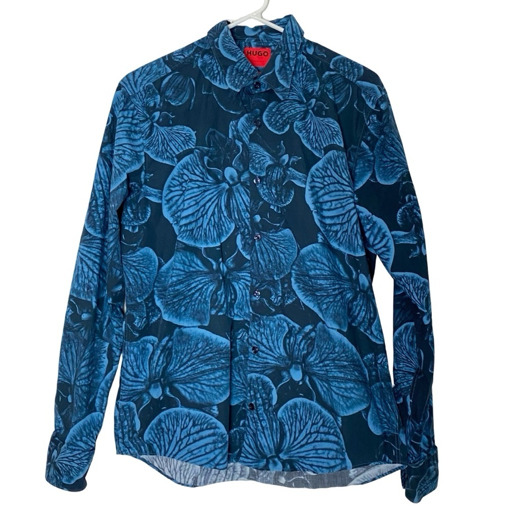 Hugo Boss Button Down Shirt Mens Size Medium Blue Floral Print Casual Slim Fit